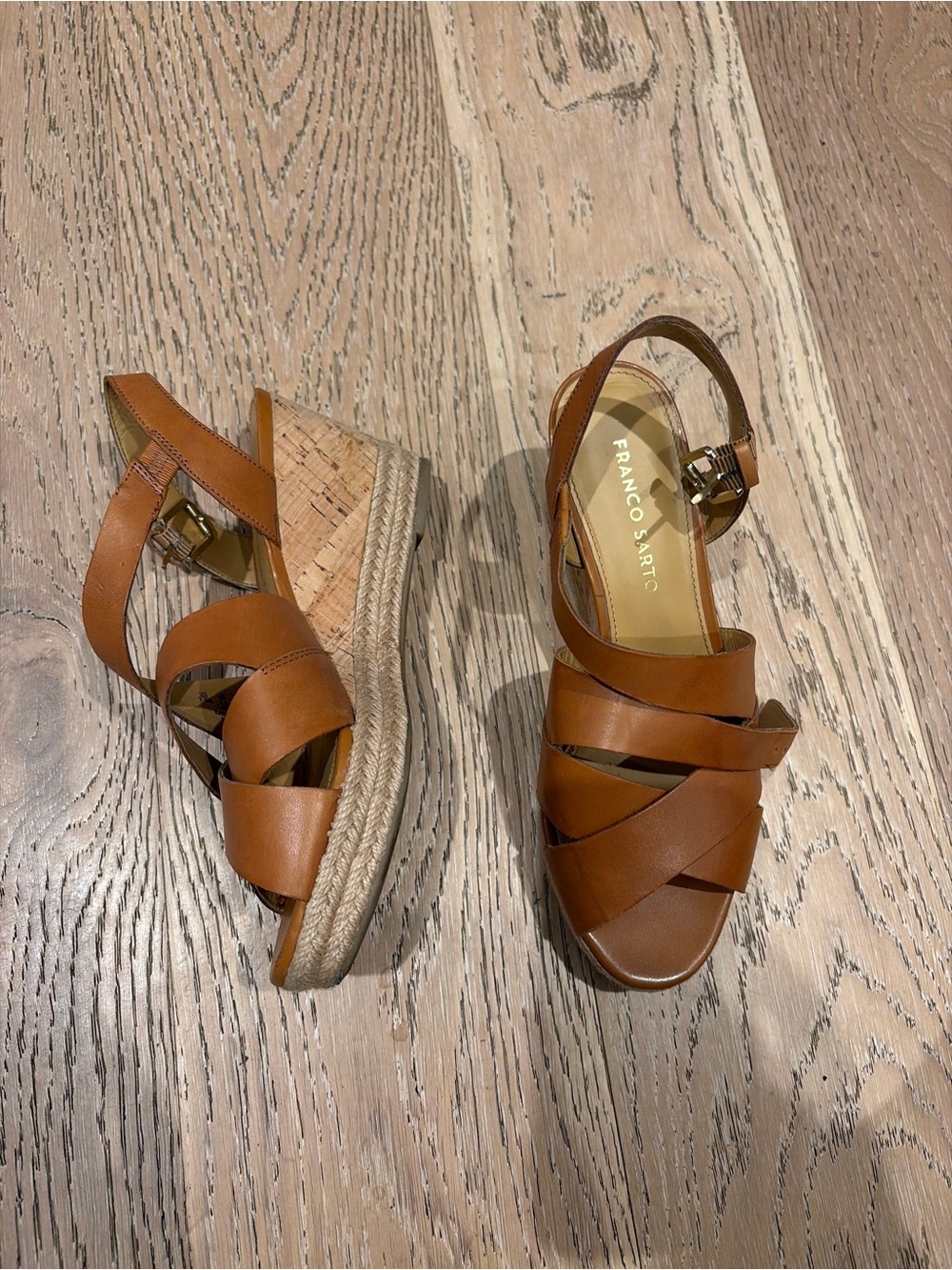 Franco Sarto Cognac Leather Espadrille Wedge Sandals